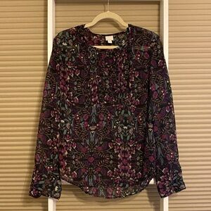 Converse One Star Boho Floral Pintuck Sheer Blouse Top Size Large